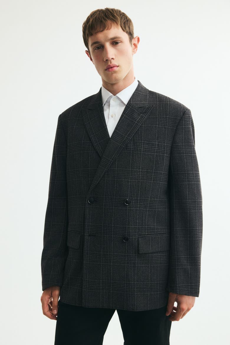 Relaxed-Fit Double-Breasted Jacket, Main, color, Dark gray/checked