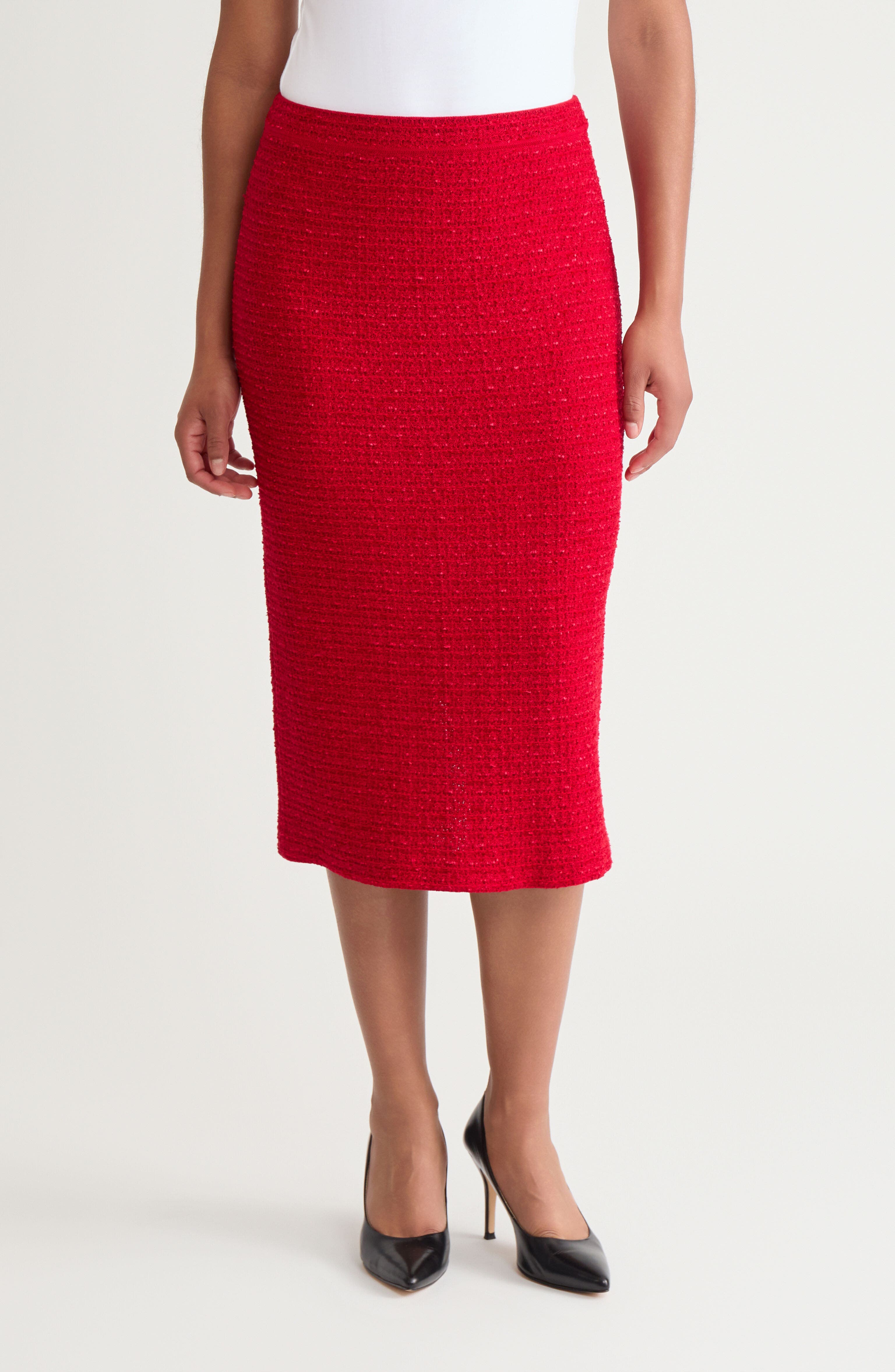 Tonal Eyelash Tweed Knit Midi Skirt