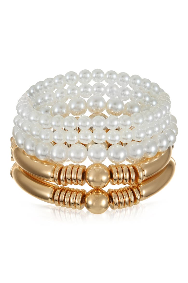 Set of 5 Faux Pearl & Metallic Beaded Stretch Bracelets, Main, color, GOLD
