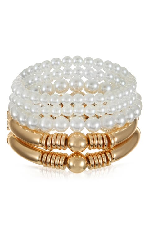 Set of 5 Faux Pearl & Metallic Beaded Stretch Bracelets