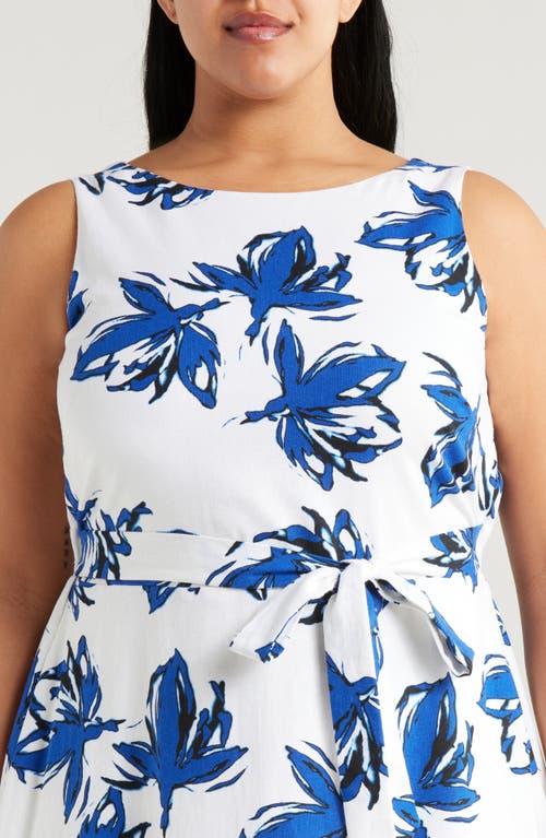 Anne Klein Plus Size Floral-print Linen-blend Fit & Flare Dress In Santorini Blue Multi