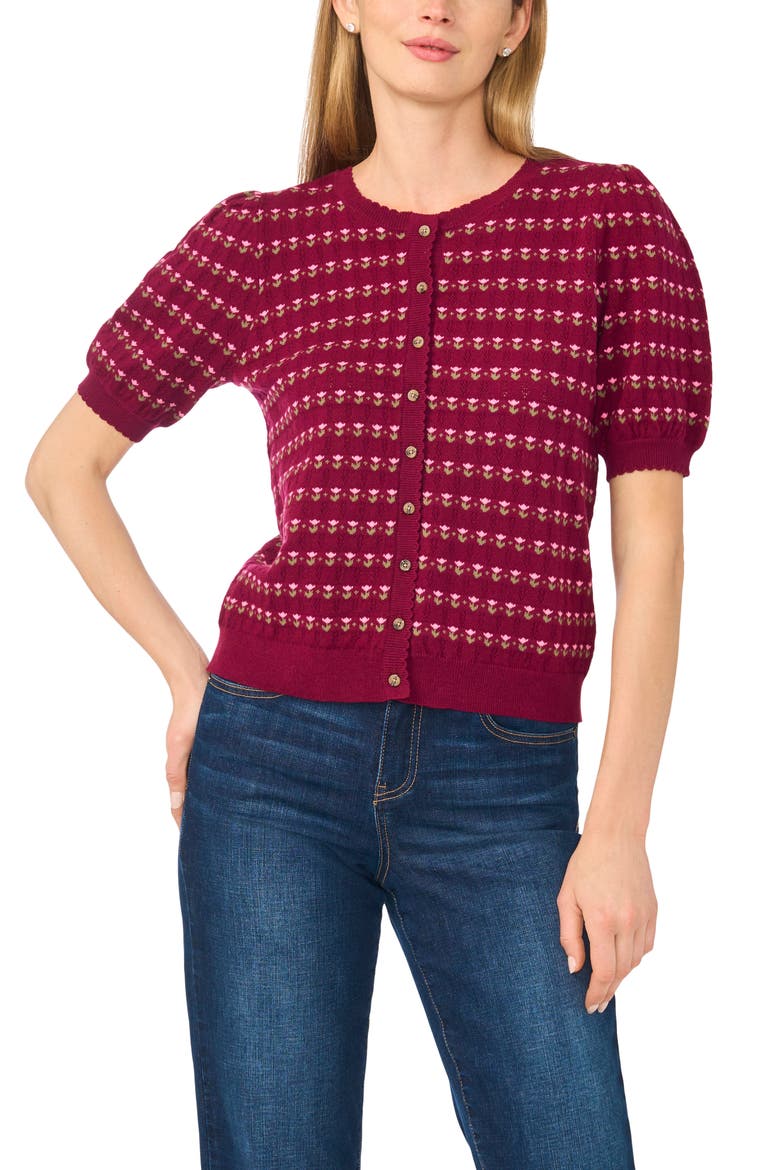 Jacquard Short Sleeve Cardigan, Main, color, DEEP MULBERRY