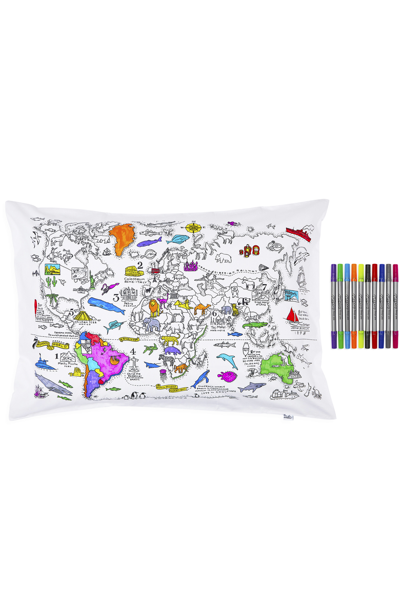 Eat Sleep Doodle Color Your Own Pillowcase World Map, Main, color, White
