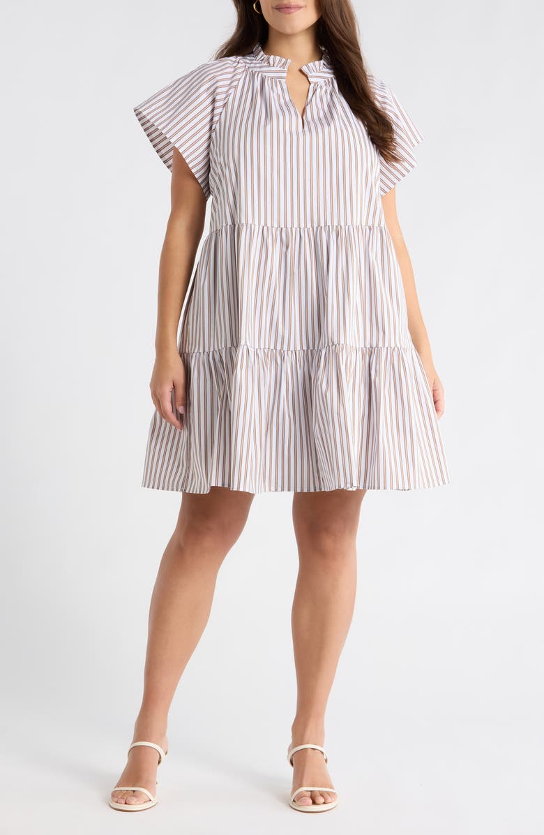 SUGARLIPS Parson Stripe Janelly Poplin Tiered Minidress, Main, color, Brown-Stripe