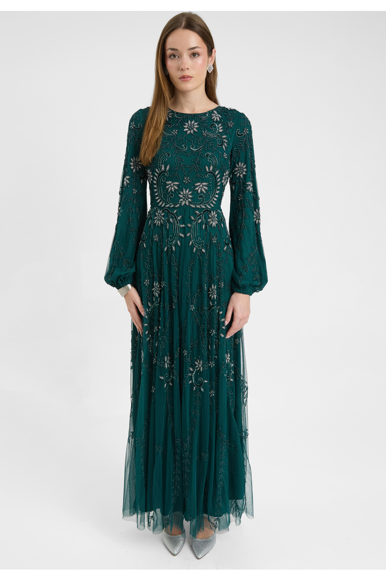Modest Embellished Sequin Beaded Dress Maxi With A Line Bottom And Sleeve Design, Main, color, EMERALD GREEN