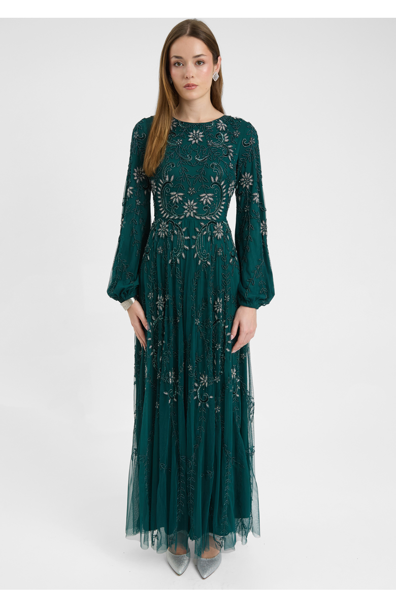 MARYISA Modest Embellished Sequin Beaded Dress Maxi With A Line Bottom And Sleeve Design, Main, color, Emerald Green