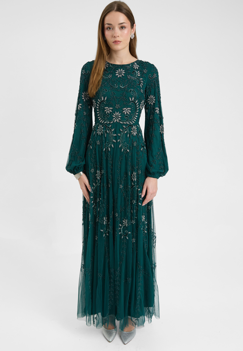 Modest Embellished Sequin Beaded Dress Maxi With A Line Bottom And Sleeve Design