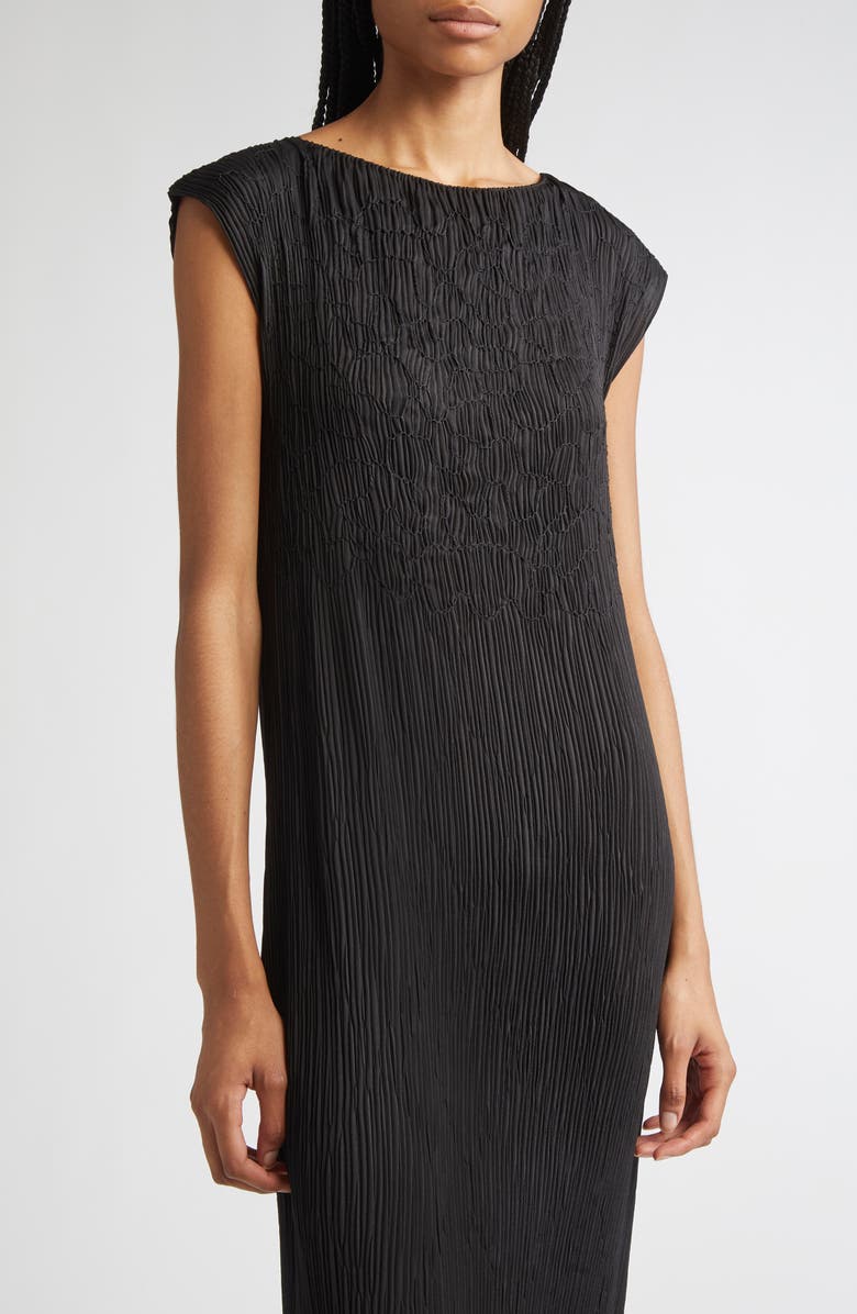 Lafayette 148 New York Smocked Plissé Cap Sleeve Dress, Alternate, color, Black