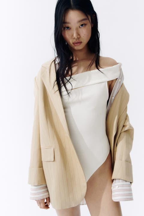 Off-the-shoulder thong bodysuit