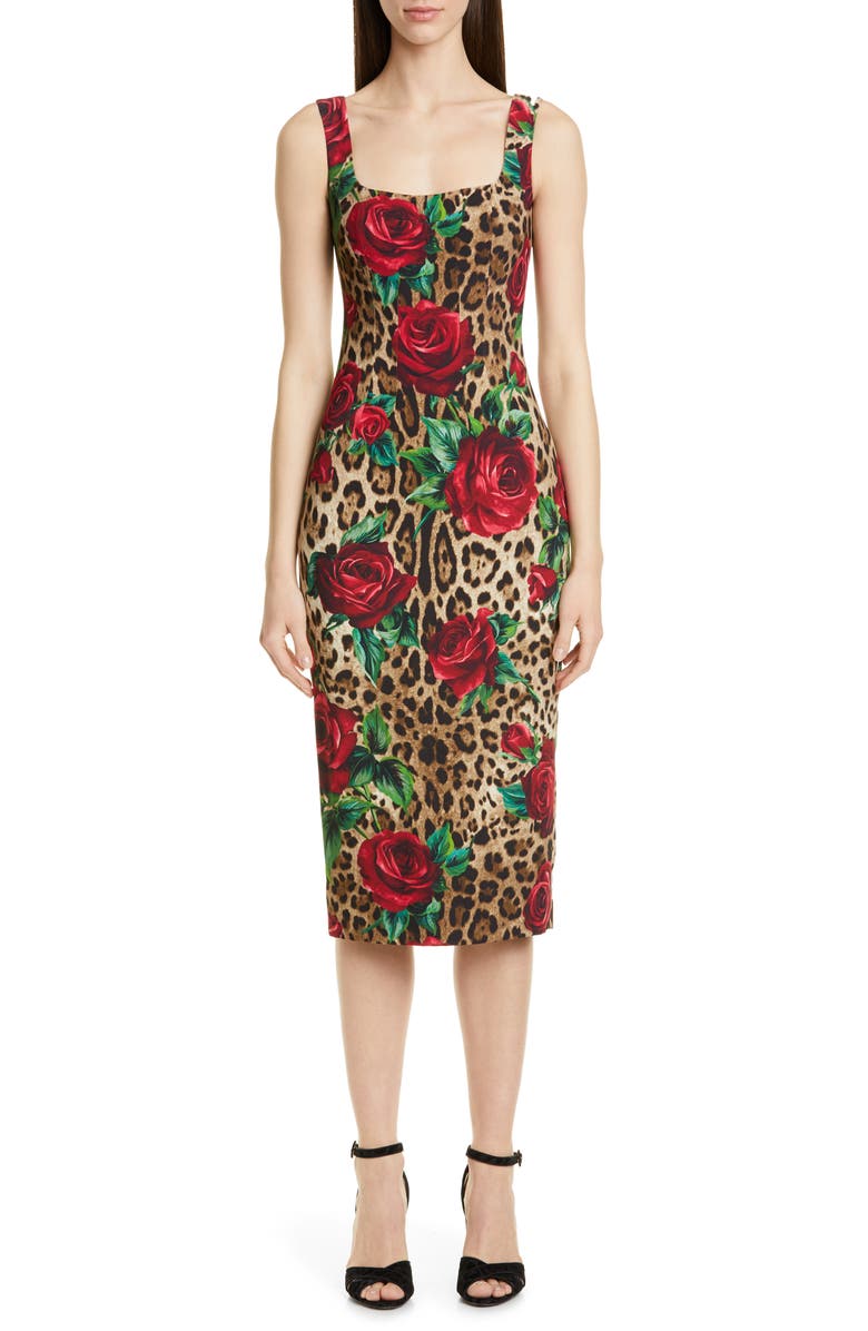 Dolce&Gabbana Embellished Rose & Leopard Print Cady Pencil Dress, Main, color,