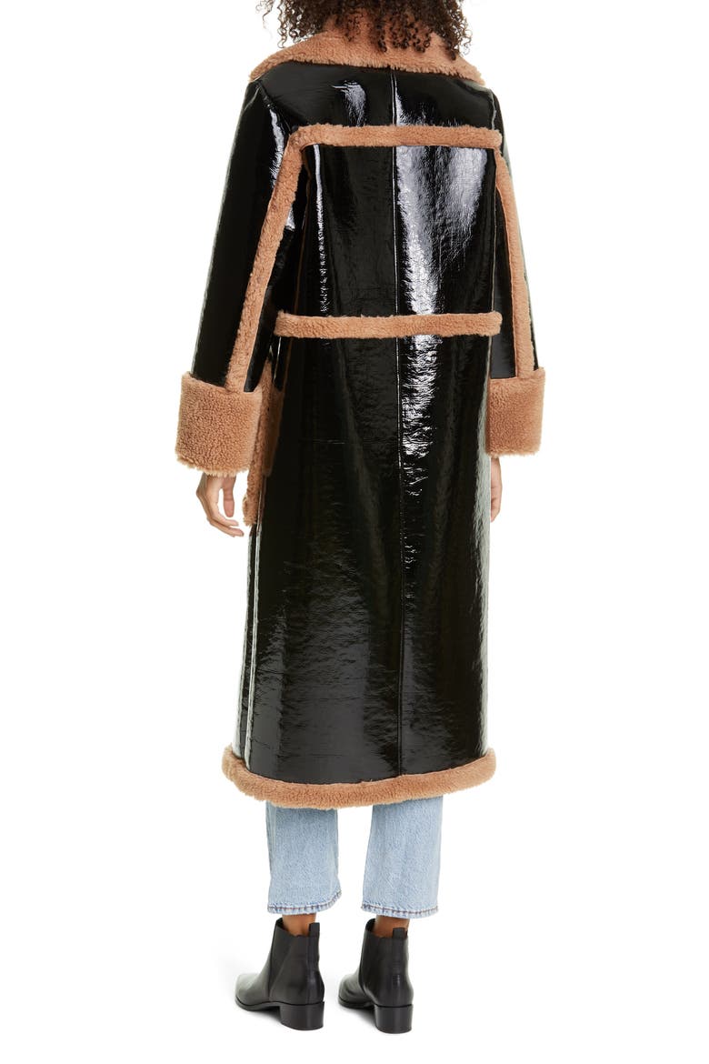 Aubrey Long Faux Patent Shearling Coat, Alternate, color, BLACK/ BEIGE