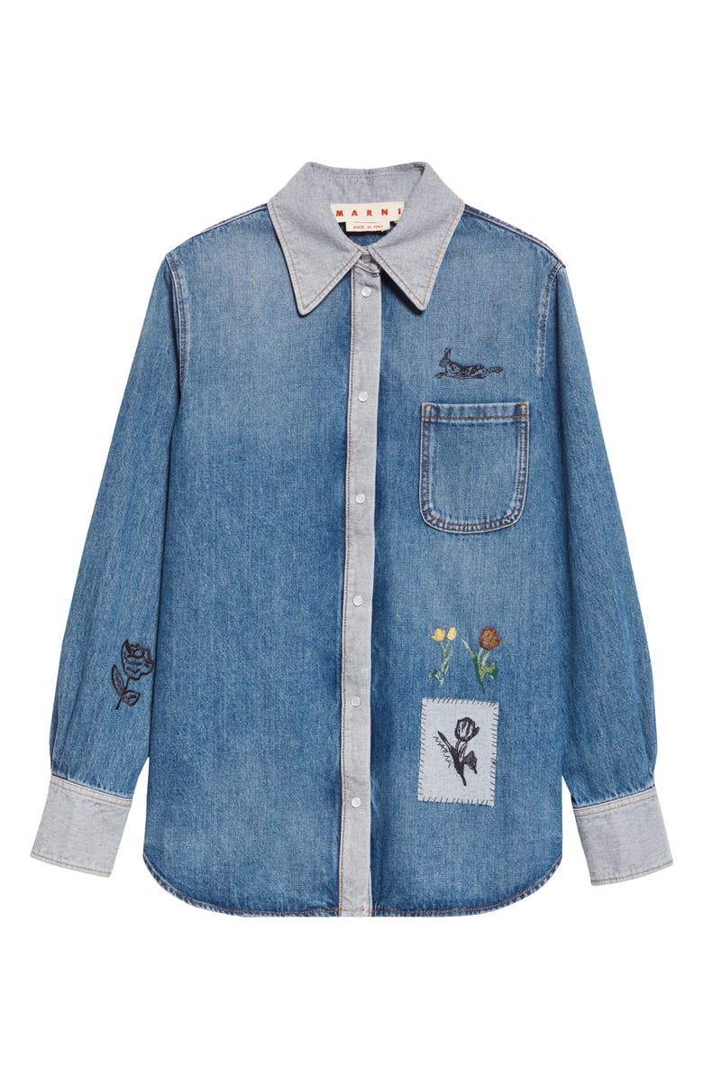 Marni Embroidered Denim Pearl Snap Shirt, Alternate, color, 00B52 Azure