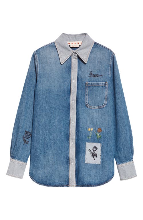 Marni Denim Shirt With Embroidered Floral Motifs In Blue
