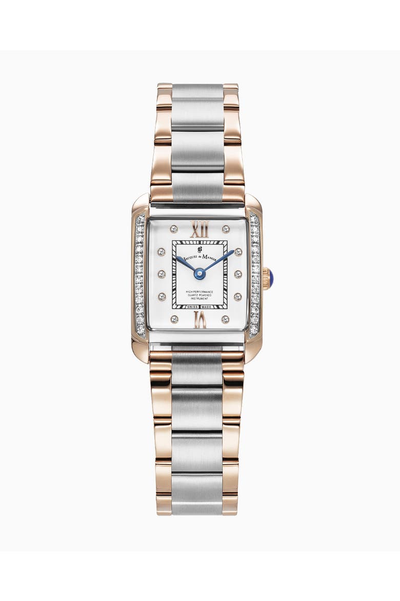 Emily II - 22mm, White Dial, Two-Tone Rose & Silver Stainless Steel with Crystal Accents, Rectangular Ladies Watch, Main, color, White