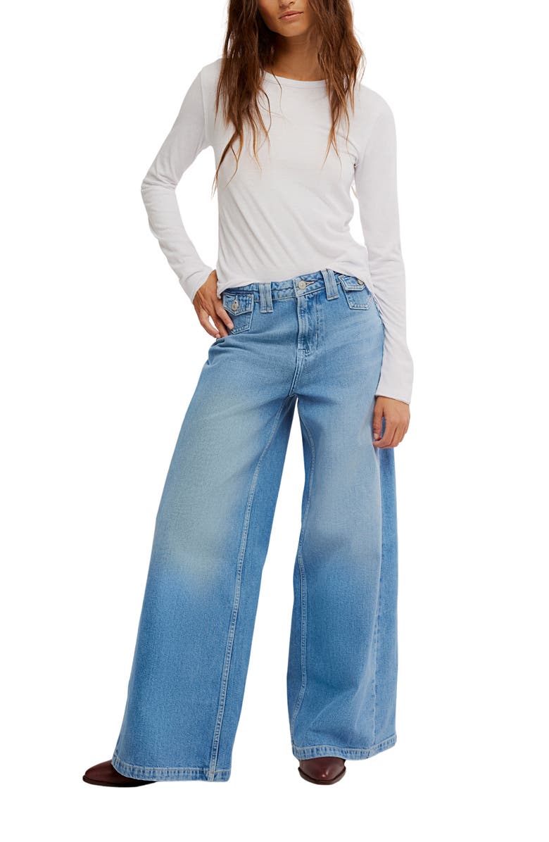 Free People Kellee High Waist Wide Leg Palazzo Jeans, Alternate, color, Plaza Blue
