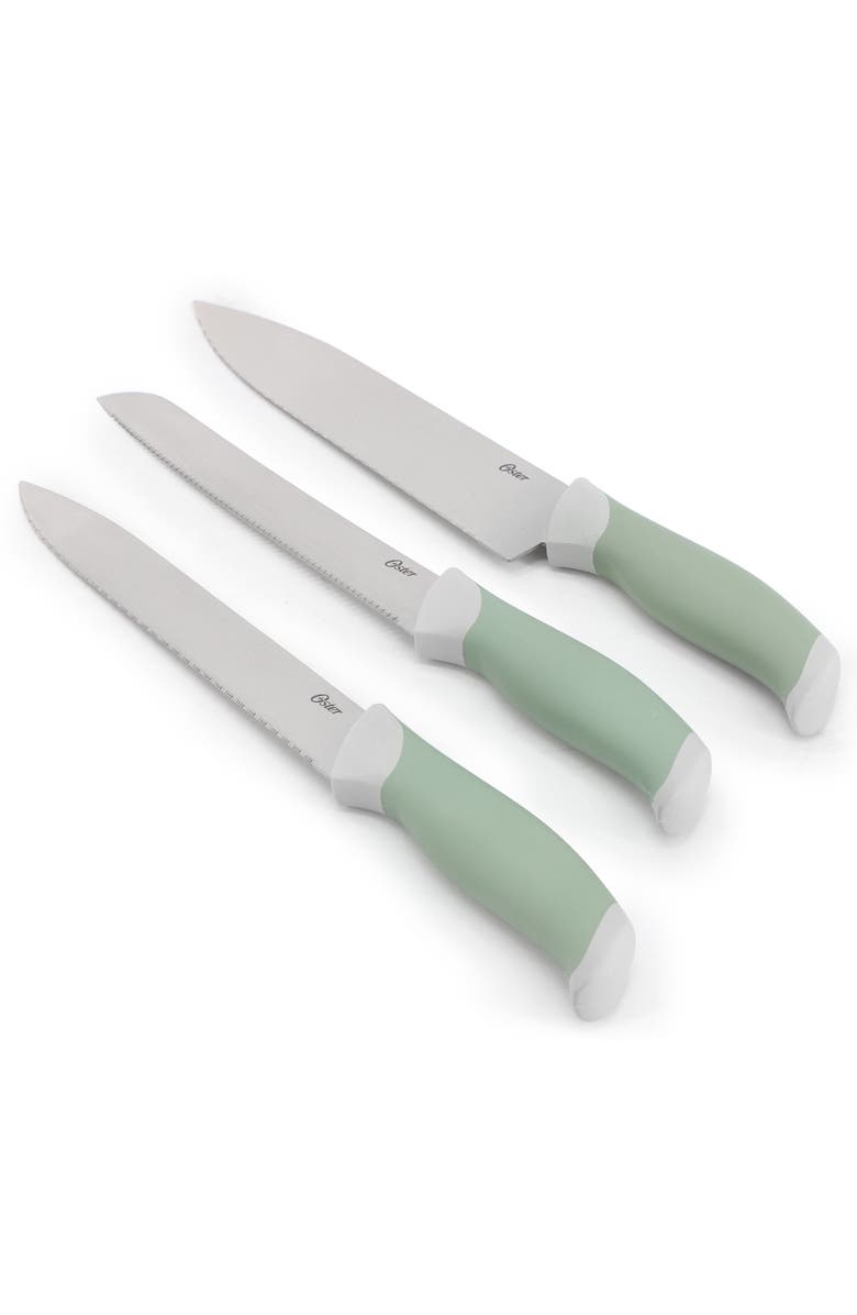 OSTER Linbergh 14 Piece Stainless Steel Cutlery and Cutting Board Set with Soft-Grip Handles, Alternate, color, Green