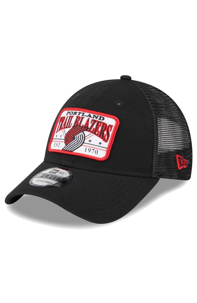 New Era Men's New Era Black Portland Trail Blazers Plate Oversized Patch Trucker 9FORTY Adjustable Hat, Main, color,