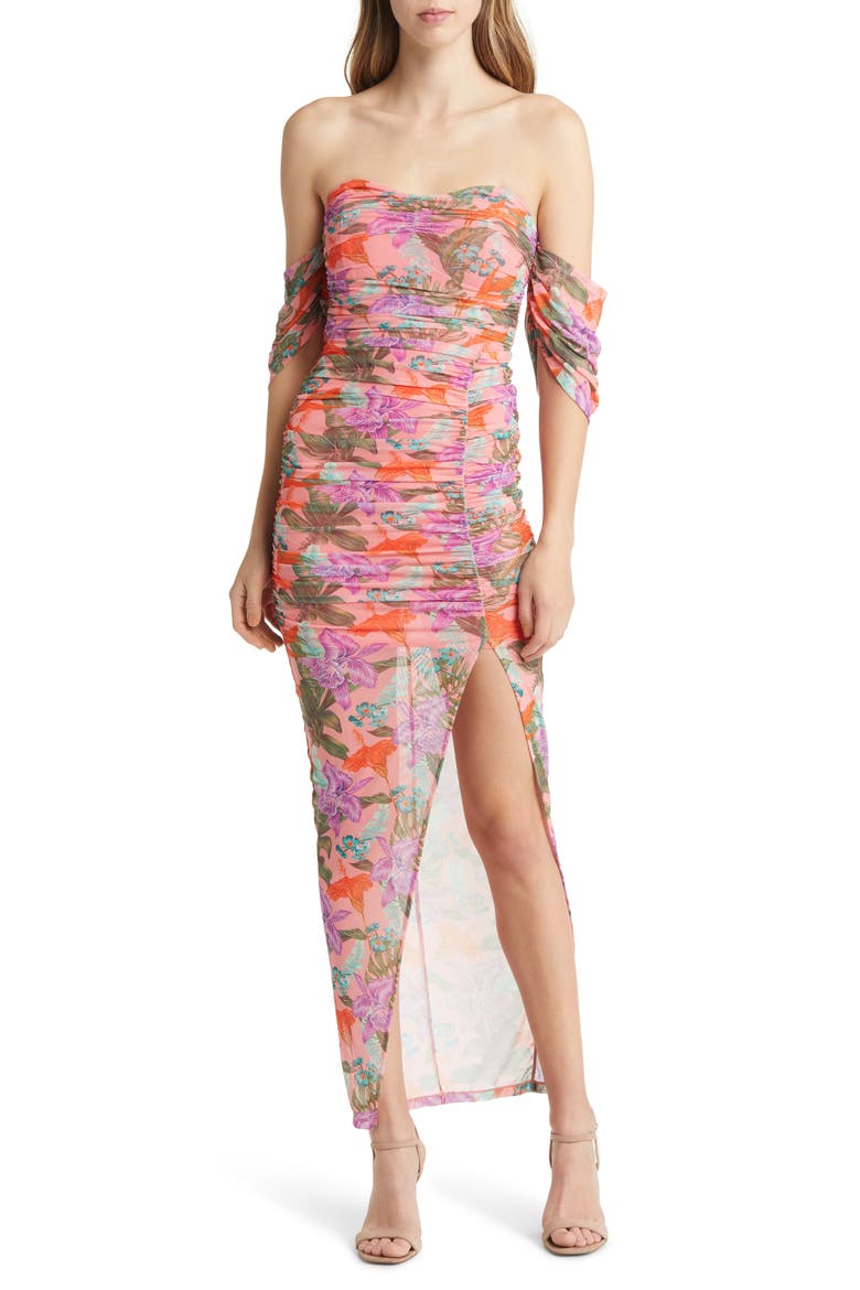 Floral Off the Shoulder Mesh Dress, Main, color, CORAL MULTI