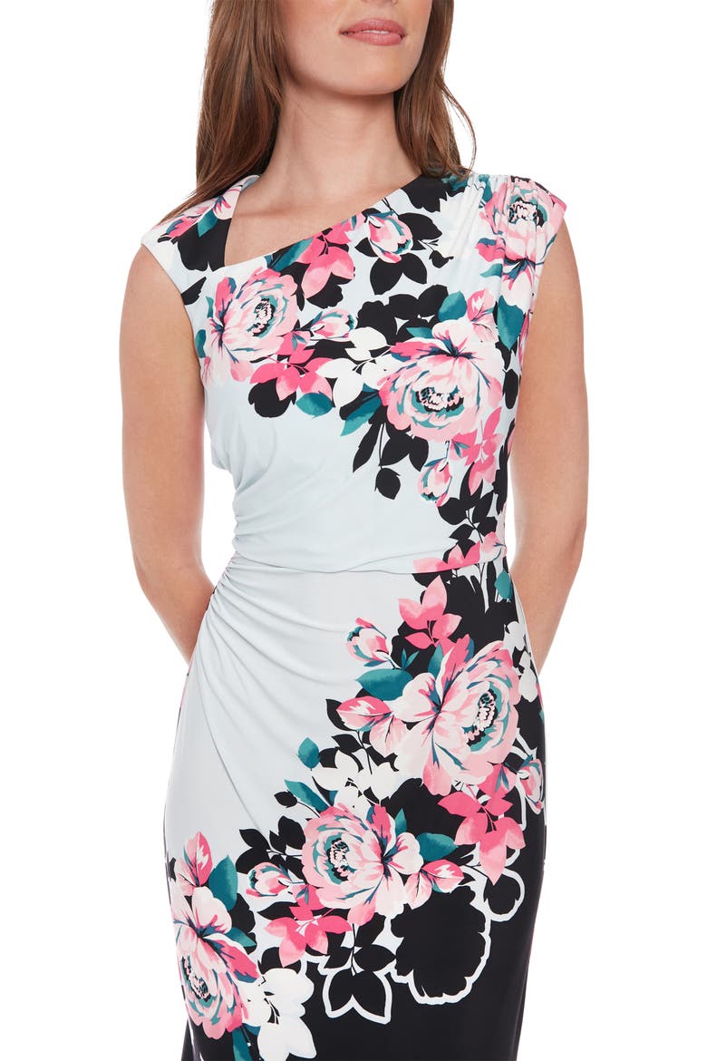 Floral Ruched Cap Sleeve Midi Dress, Alternate, color, BLACK/ PINK