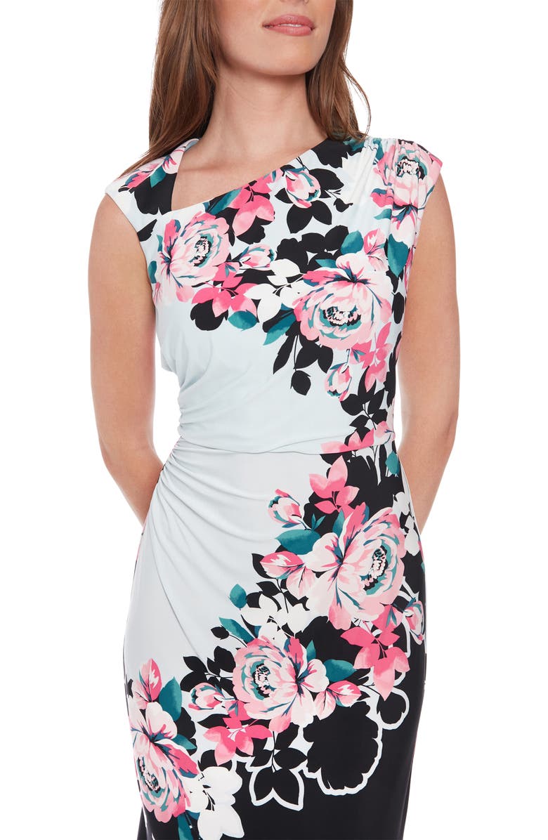 London Times Floral Ruched Cap Sleeve Midi Dress, Alternate, color, Black/ Pink