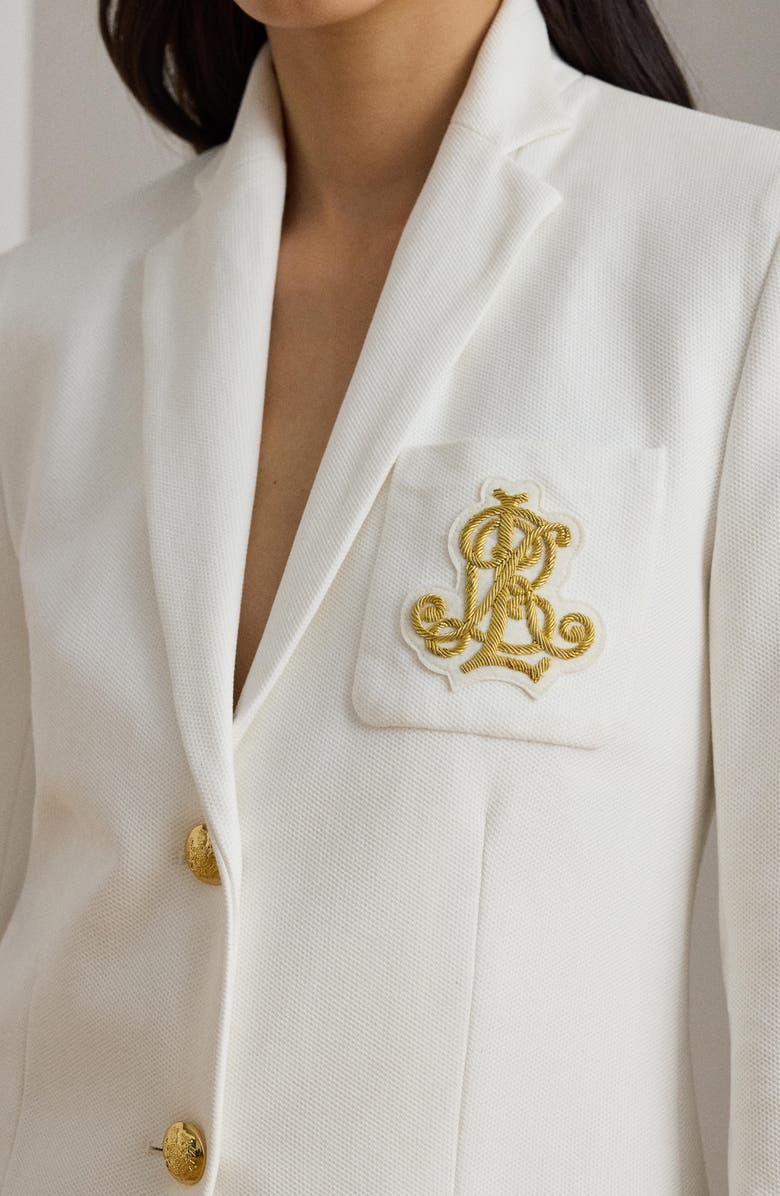 Lauren Ralph Lauren Bullion Jacquard Logo Patch Cotton Blend Blazer, Alternate, color, White