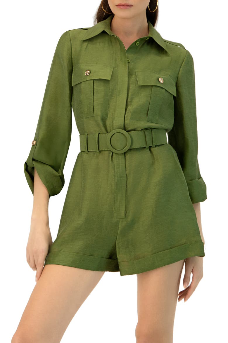 Belted Linen Romper with Cargo Patch Pockets, Main, color, Green