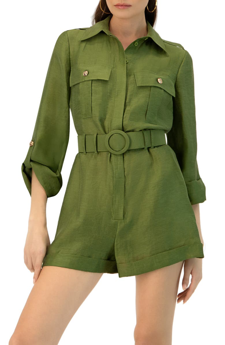 IVONNE Belted Linen Romper with Cargo Patch Pockets, Main, color, Green