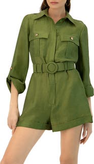 IVONNE Belted Linen Romper with Cargo Patch Pockets
