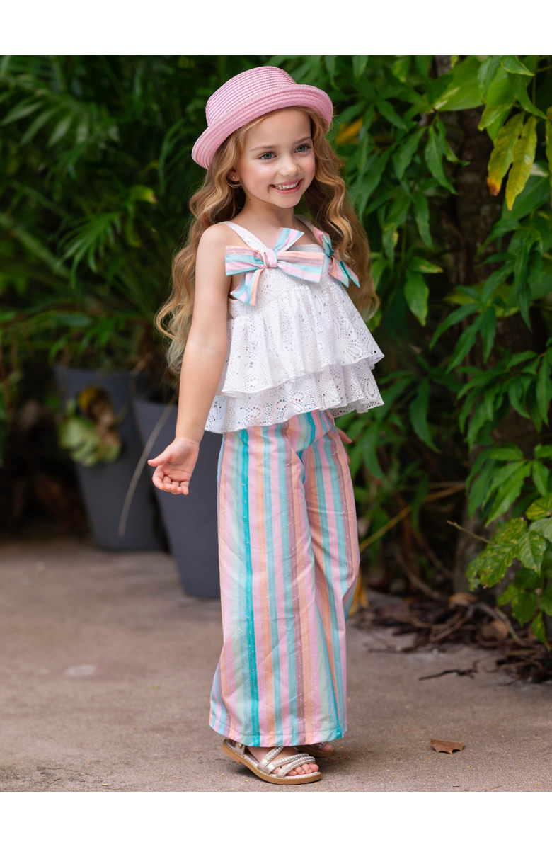 Mia Belle Girls Coastal Boho Lace Top and Palazzo Pant Set, Alternate, color, White