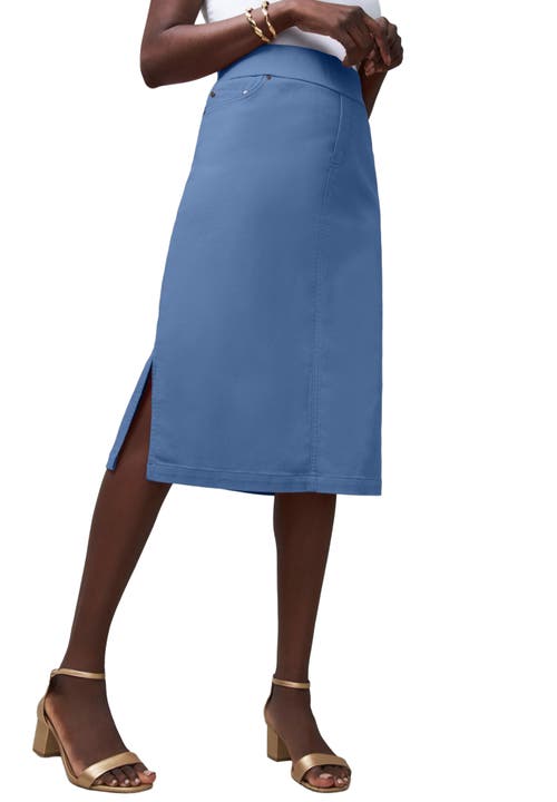 Jessica London Comfort Waist Stretch Denim Midi Skirt In Blue