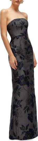 Metallic Floral Jacquard Strapless Sheath Gown