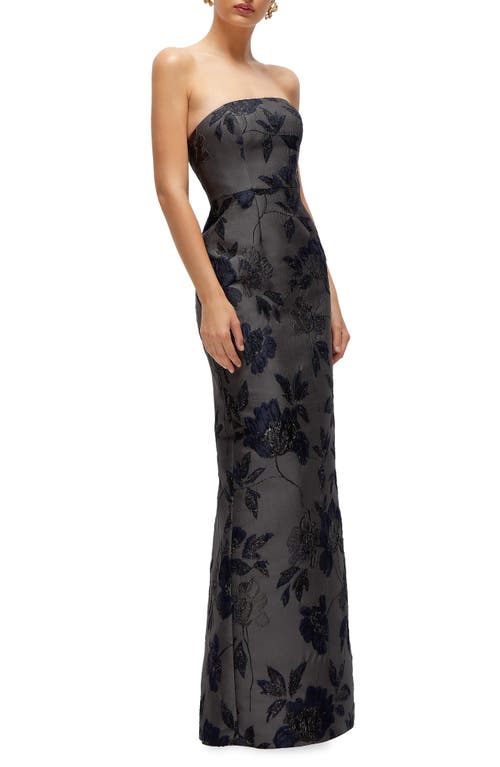 Alfred Sung Metallic Floral Jacquard Strapless Sheath Gown In Noir Midnight Navy