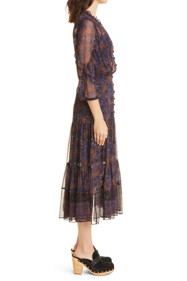 Sabina Silk Midi Dress, Alternate, color, BLACK MULTI