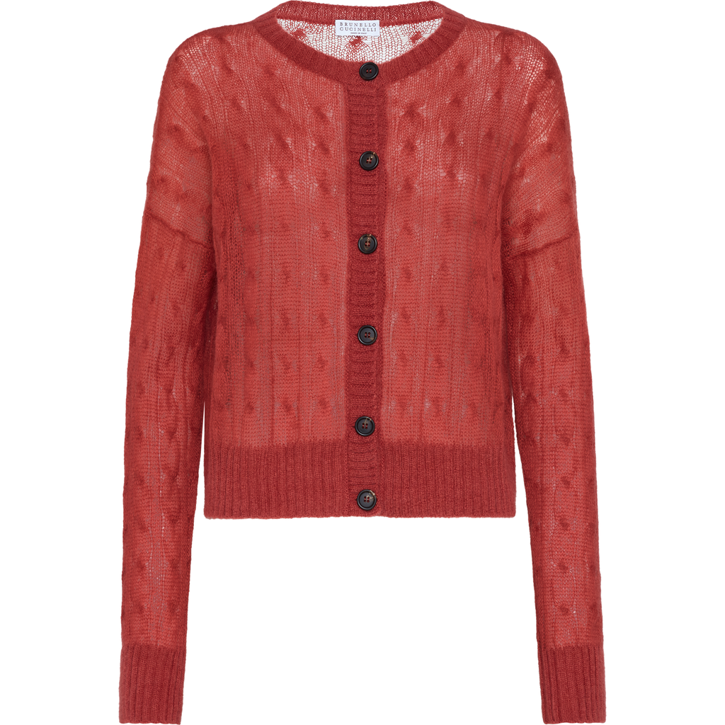Brunello Cucinelli Mohair-blend Cable-knit Cardigan In Red