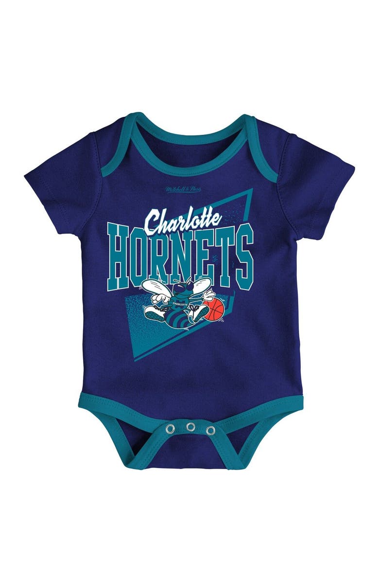 Mitchell & Ness Newborn & Infant Mitchell & Ness Purple/Teal Charlotte Hornets 3-Piece Hardwood Classics Bodysuits & Cuffed Knit Hat Set, Alternate, color, 