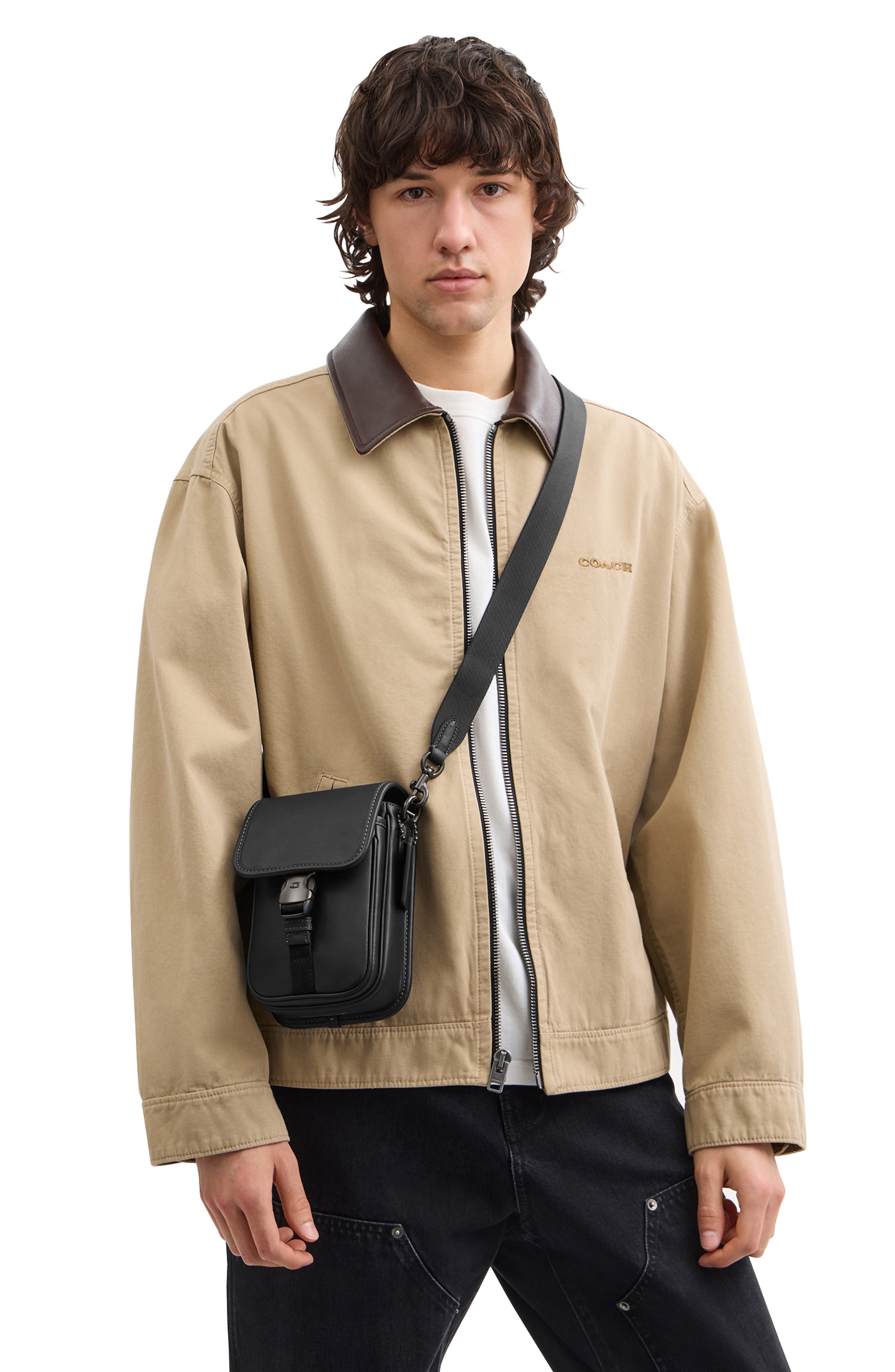 COACH League Leather Phone Crossbody Bag, Alternate, color, Black