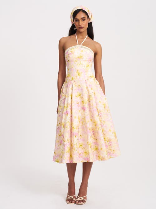Miss Circle Women Zaina Yellow Pink Floral Print Lace Trim Linen Midi Dress In Brown