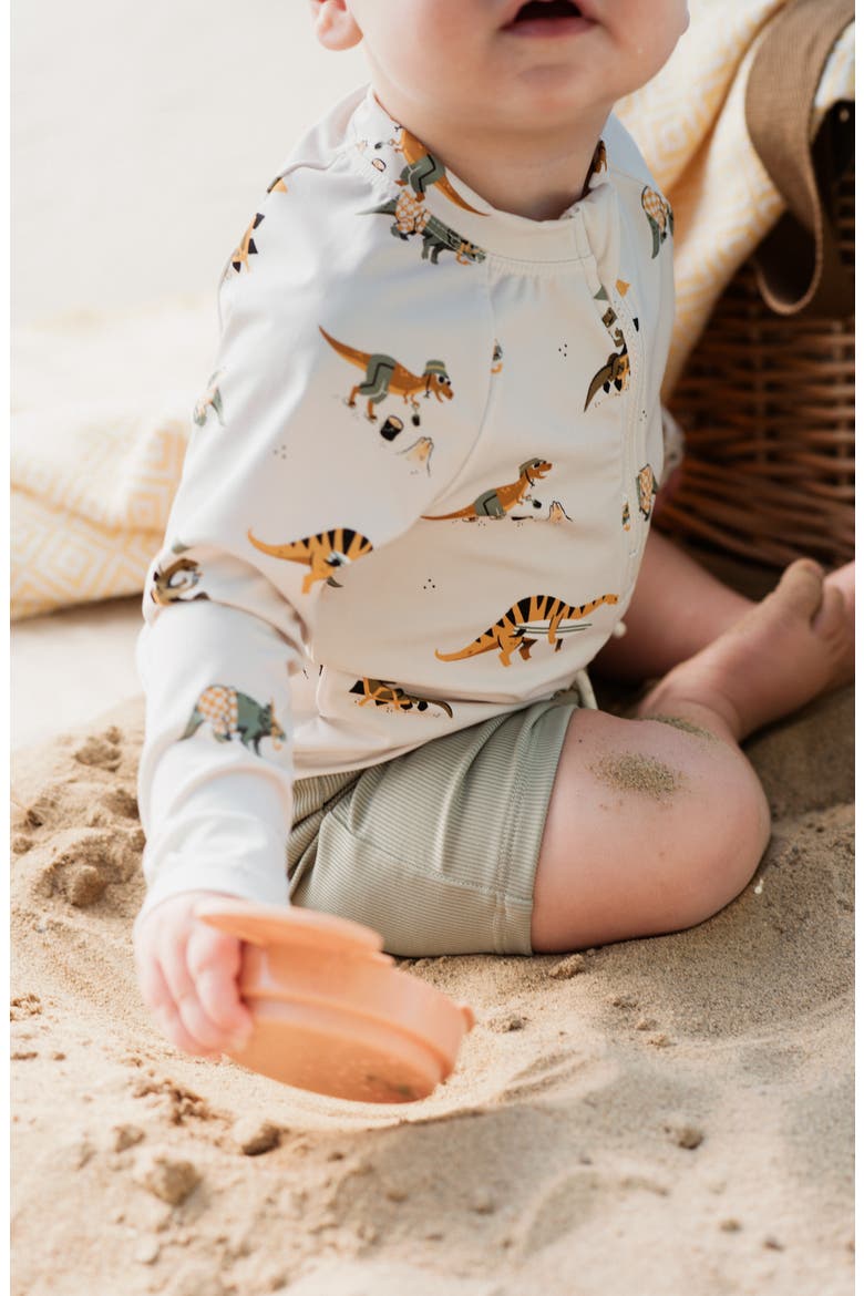 Beach Dino Print Long Sleeve Rashguard & Shorts Set, Alternate, color, BEIGE