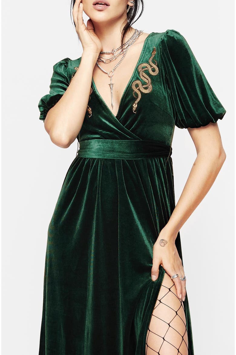 Zarina Velour Applique Midi Wrap Dress, Alternate, color, Green