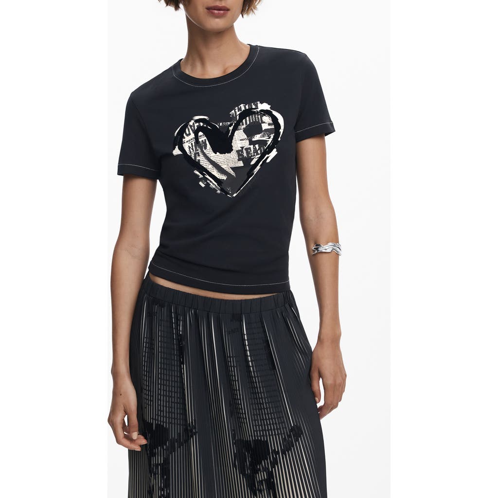 Desigual Heart Cotton Graphic T-shirt In Black
