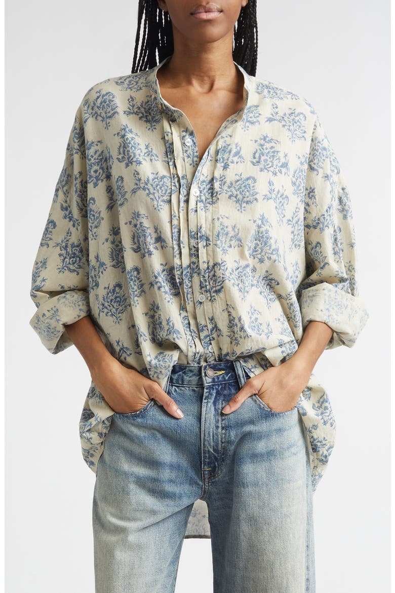 Pleated Front Floral Button-Up Shirt, Main, color, BLUE WITH WHITE FLORAL