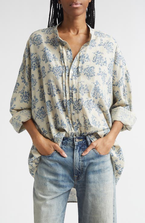 Pleated Front Floral Button-Up Shirt