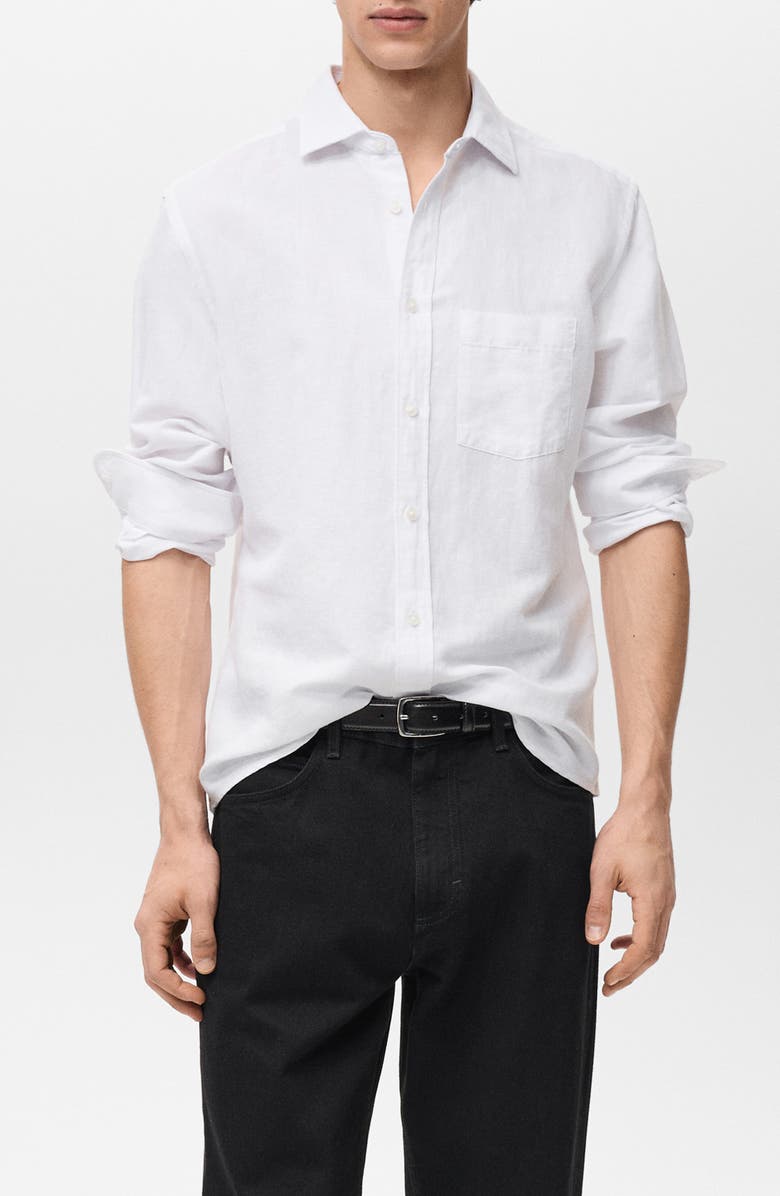MANGO Classic Fit Linen & Cotton Button-Up Shirt, Main, color, White
