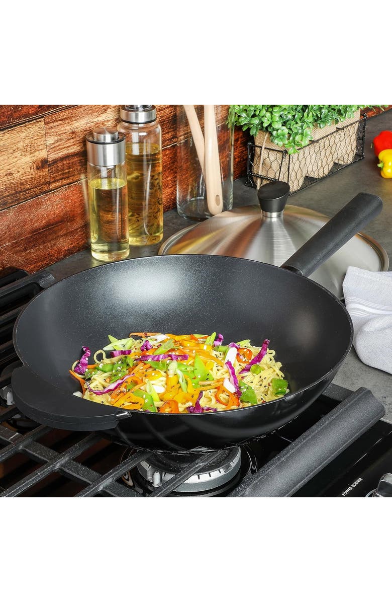 Kenmore Eugene 13 Inch Nonstick Cast Alumium Wok with Stainless Steel Lid, Alternate, color, Black