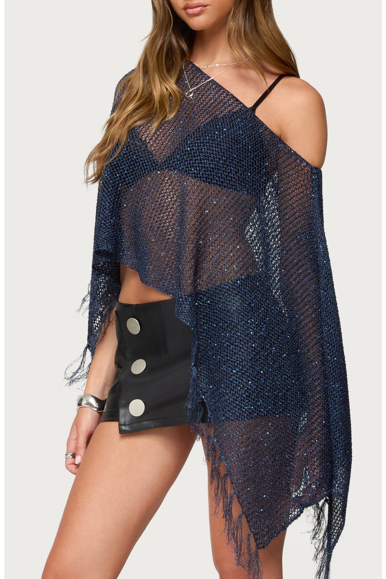 Sequin Fringe Knit Poncho, Alternate, color, NAVY