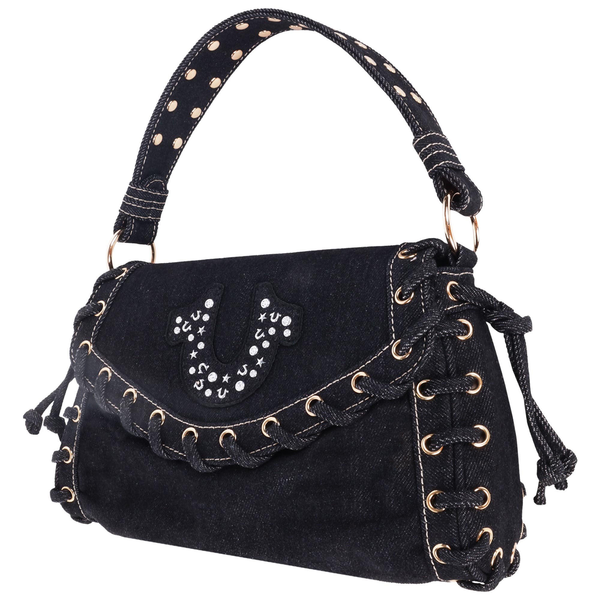True Religion Studded Horseshoe Eyelet Denim Flap Bag, Alternate, color, Black
