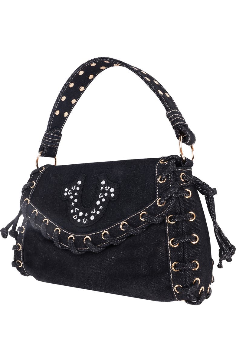 True Religion Studded Horseshoe Eyelet Denim Flap Bag, Alternate, color, Black