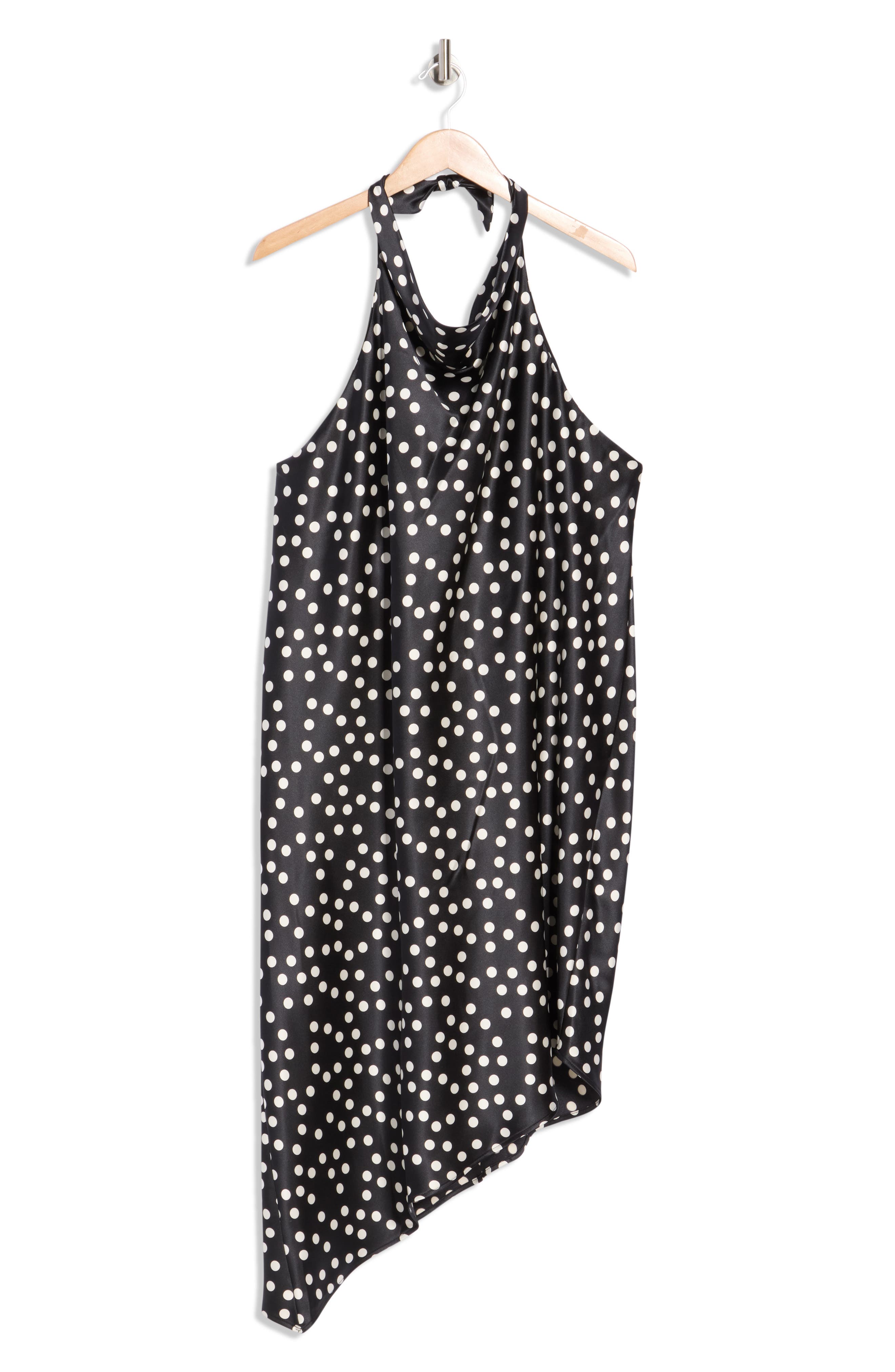 Renee C Polka Dot Asymmetric Hem Satin Halter Dress