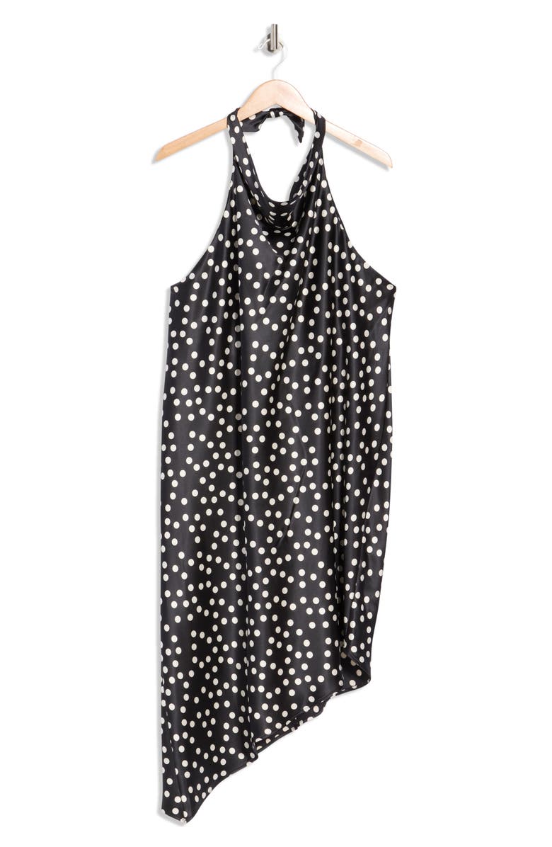 Renee C Polka Dot Asymmetric Hem Satin Halter Dress, Main, color, Black