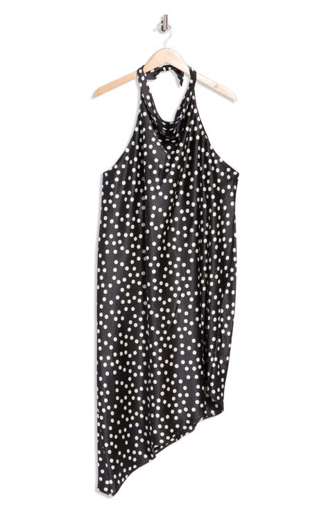 Polka Dot Asymmetric Hem Satin Halter Dress (Plus)